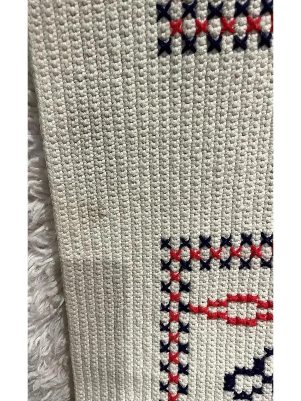 35x66” Red White & Blue Tight Knit Hippy Boho Afghan Mid Century Modern Blanket